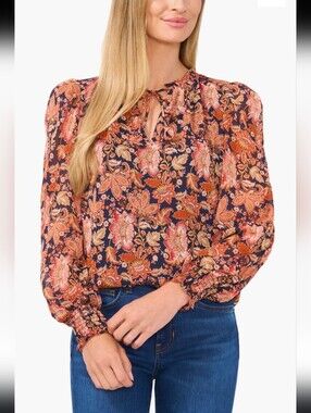 CeCe Navy Floral Tie-Neck Blouse with Coral Accents
